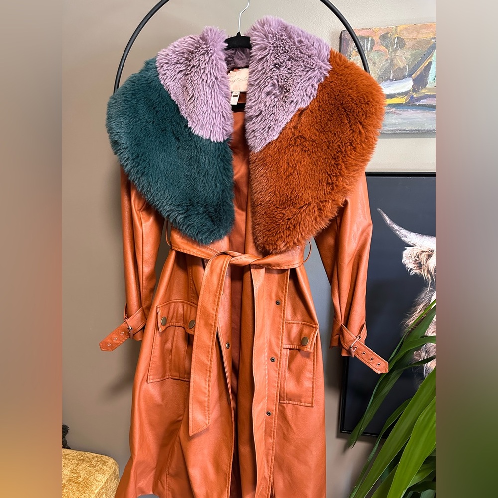 Hutch Orange Trench Coat with Multicolor Faux Fur Collar